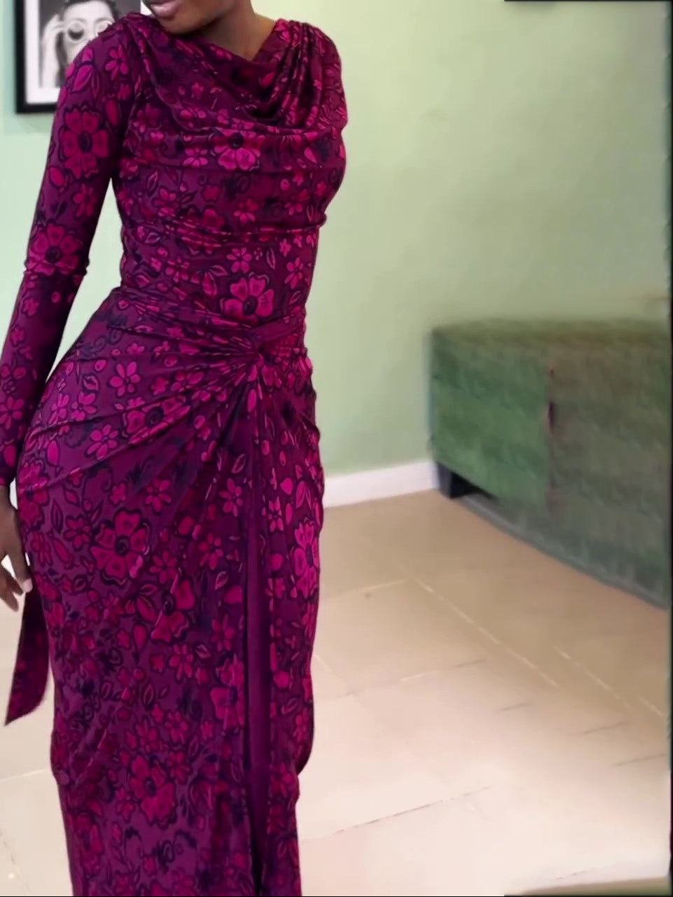 Fuchsia Floral Print Cowl Neck Waist-Cinched Asymmetrical Maxi Dress NorixaFashion.com