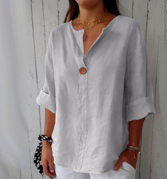 V-neck Long-sleeved T-shirt Fashion Loose Cotton And Linen Button Tops For Women NorixaFashion.com