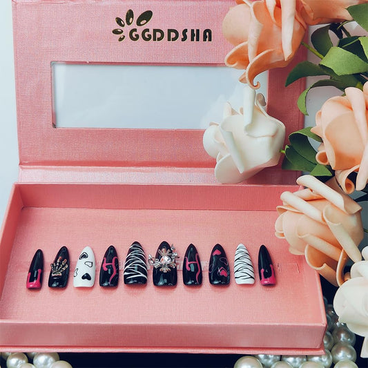 GGddsha Dark Series Pure Handmade Pressed Full StickMedium Almond Nails Hand Painted Designs ReusablePMMA Acrylic Press On Nails With Rhinestones Fake Nailsw Box Ladies Gifts,Eclipse Sketch Tri Light Beauty
