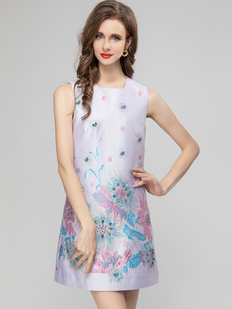 Printed Sleeveless Short Jacquard Dress Women NorixaFashion.com