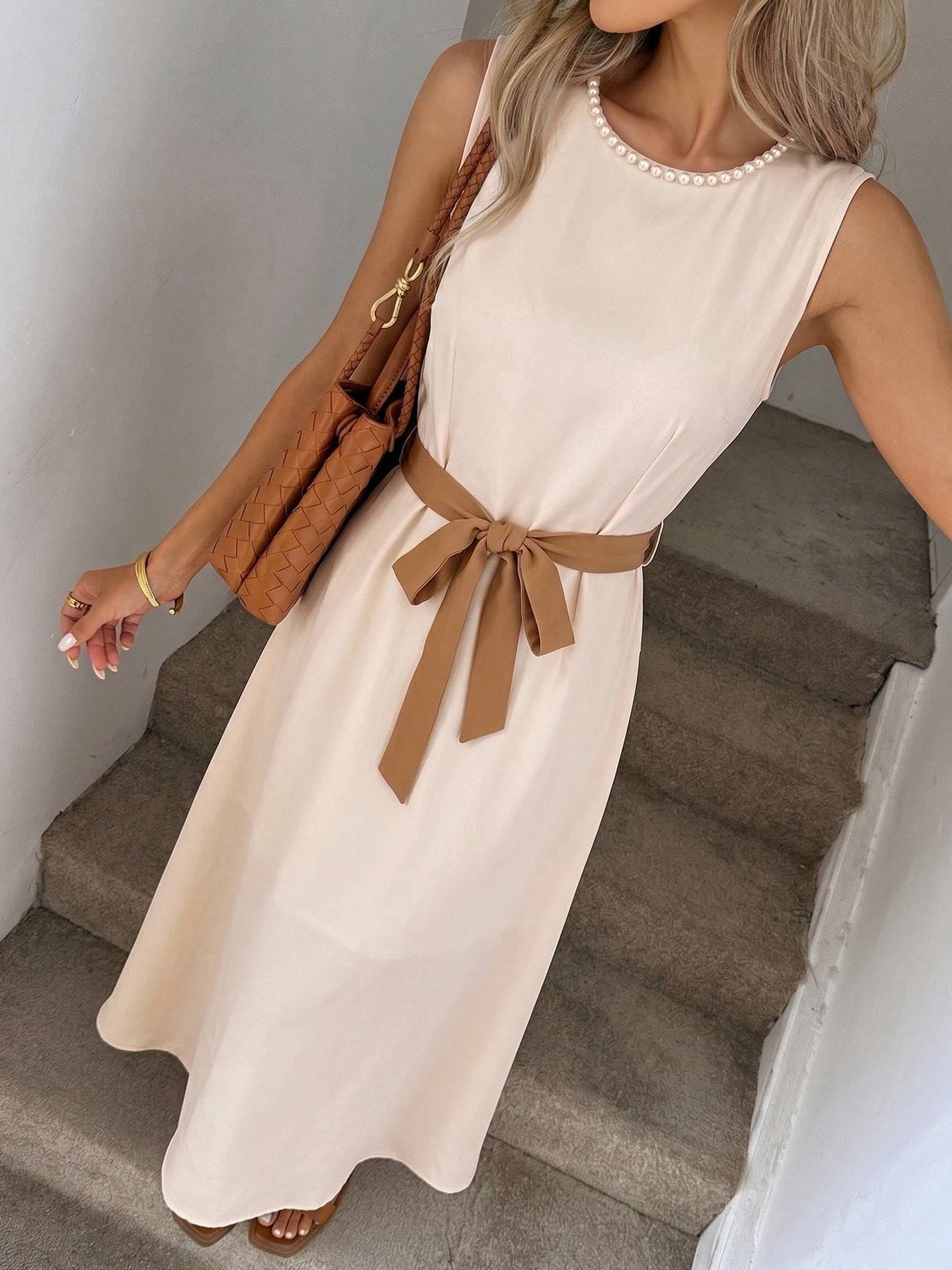 Pearl Neck Sleeveless Self-Tie Belt A-Line Midi Dress NorixaFashion.com