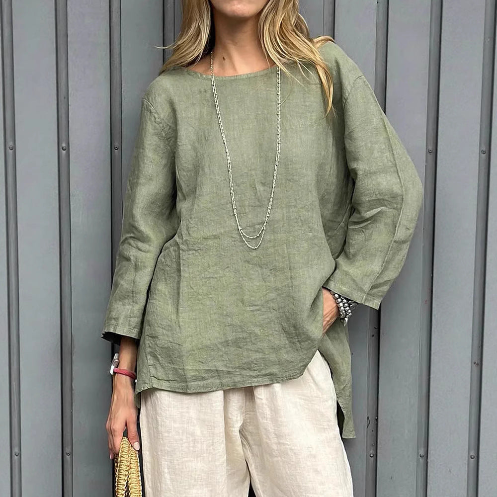 Vintage Cotton-Linen Crew-Neck Long-Sleeve Fashion Blouse For Women LadyShow.Store