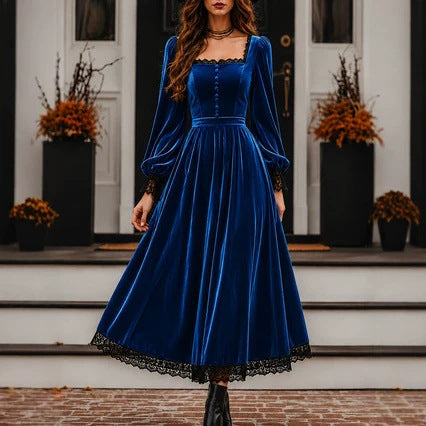 Square-neck Lace-panel Velvet Dress NorixaFashion.com