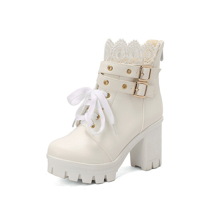Lace Ankle Boots Lace-up Square Heeled Shoes Women White Black Boots LadyShow.Store