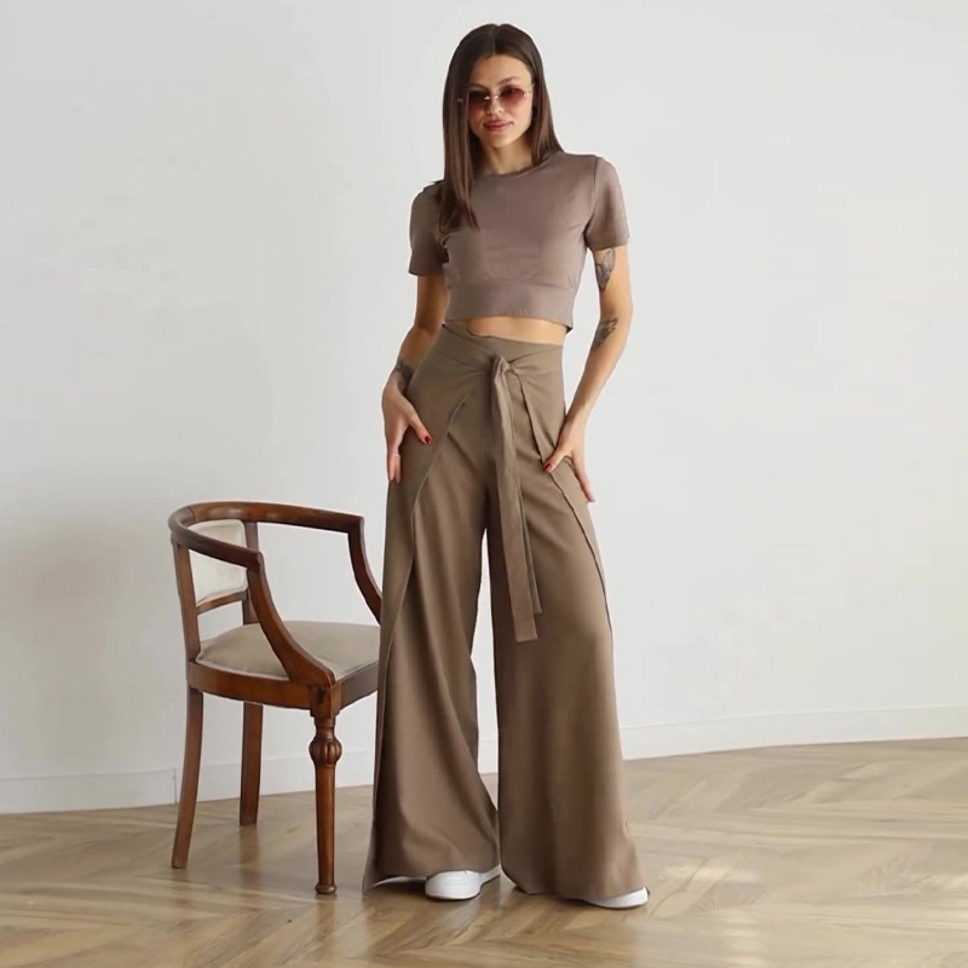 Solid Color Fashion Lace-up Waist Wide-leg Skort Women LadyShow.Store