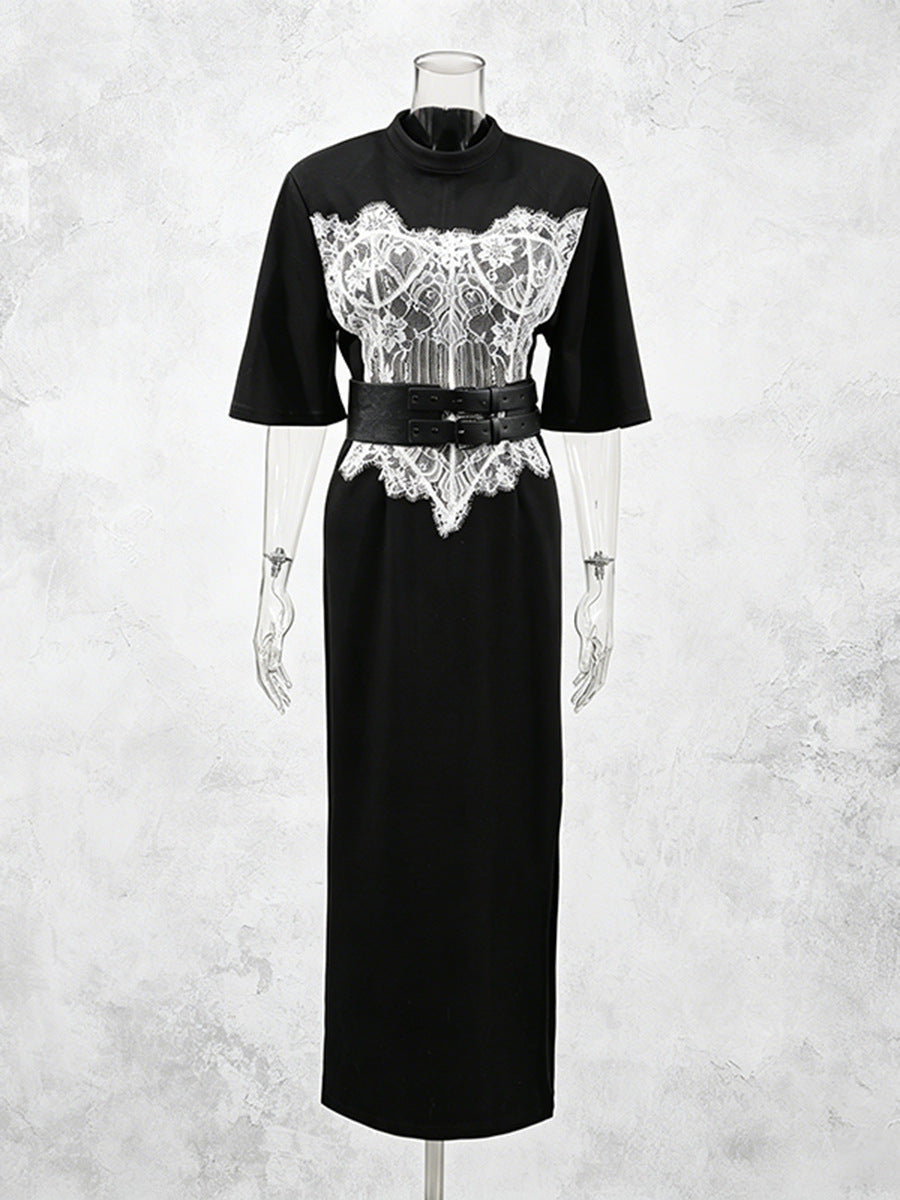 Contrast Lace Corset Panel Midi Bodycon Dress With Wide Belt NorixaFashion.com