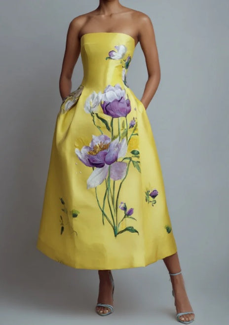 Yellow Floral Print Strapless Midi Dress NorixaFashion.com