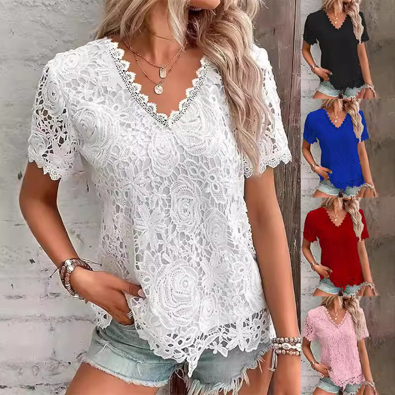 2026 New European And American Women's Fashion Versatile Top Sexy Lace Short Sleeved T-shirt NorixaFashion.com