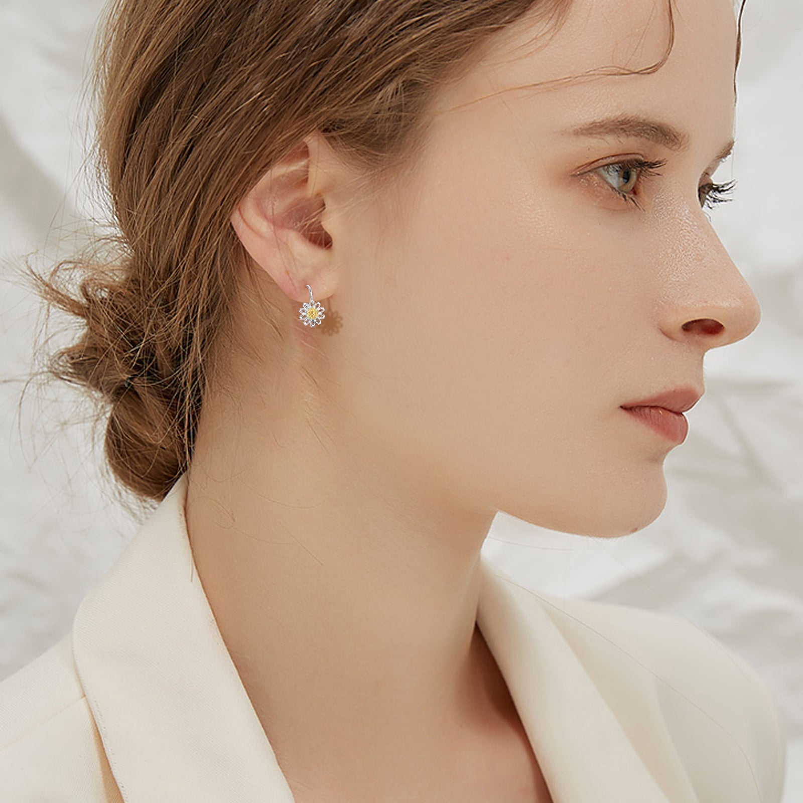 Daisy Leverback Hoop Earrings in White Gold Plated Sterling Silver LadyShow.Store
