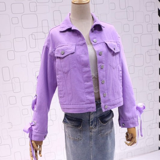 Short Denim Jacket, Bow Tie Jacket Top Purple CJD