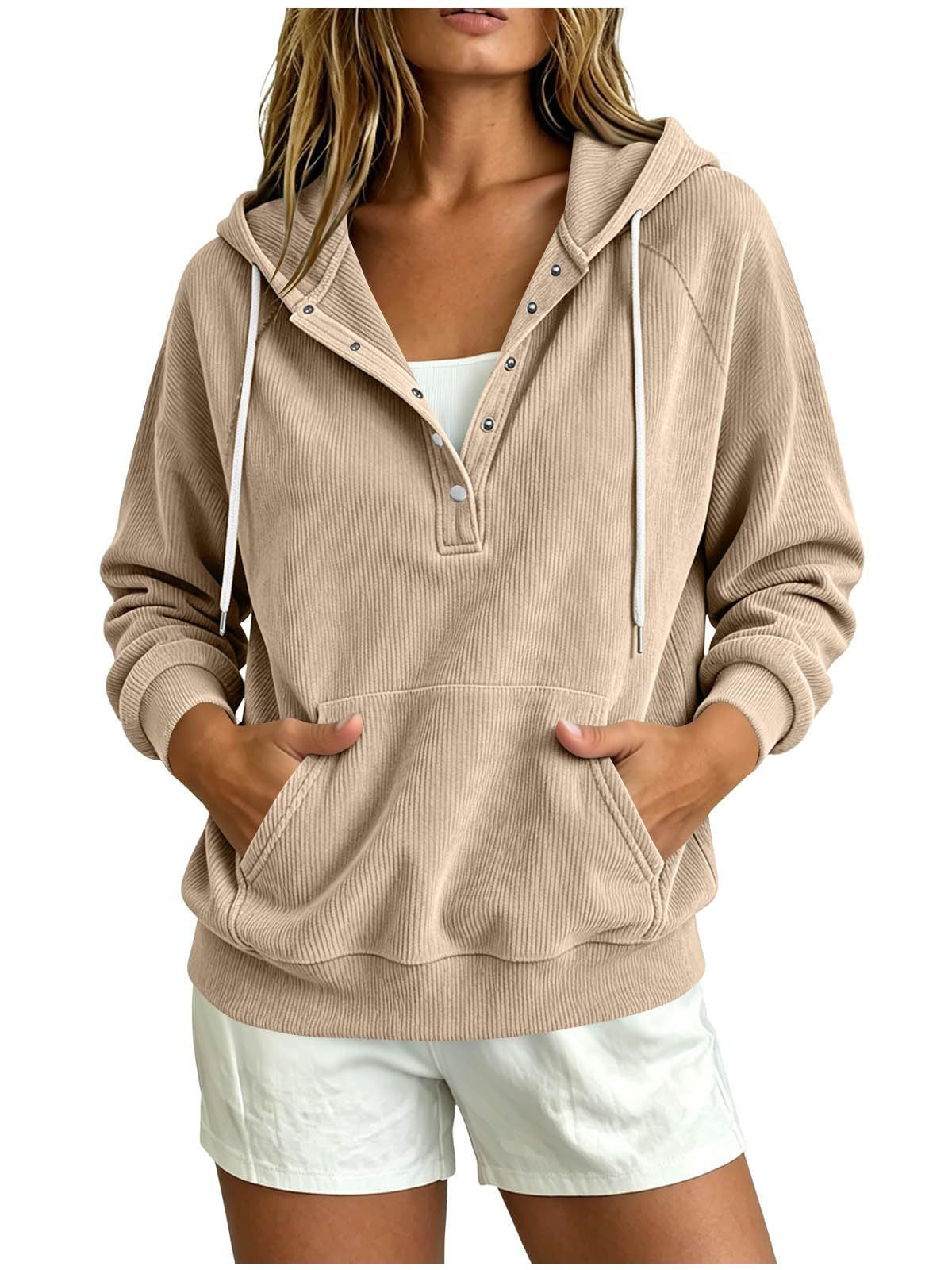 2026 Autumn New Style European Women's Dressy Corduroy Hooded Sweatshirt With Half-Closed Button And Drawstring Loose Top For Women NorixaFashion.com