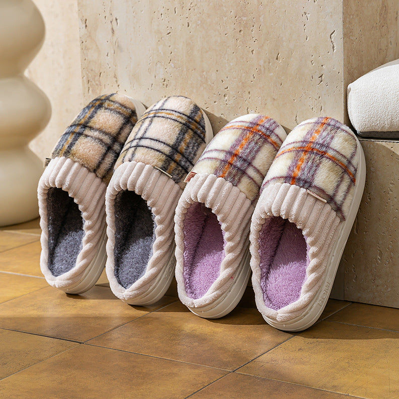 Plaid Plush Slippers Warm Soft Non-slip Bedroom Home Slipper For Couples Women Men House Shoes CJD
