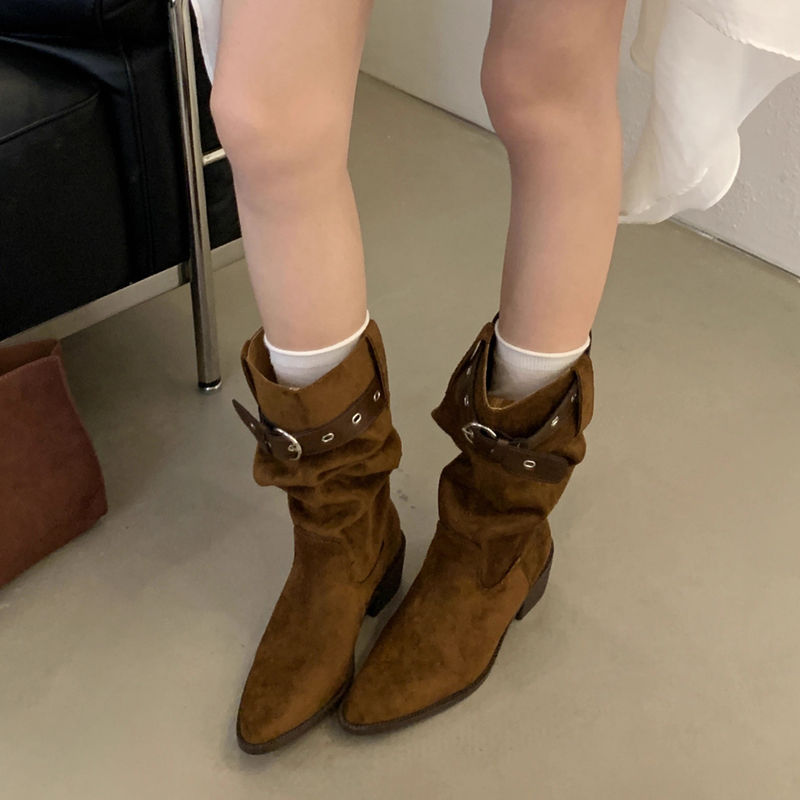 Western Cowboy Mid-calf Thick Heel Pointed Toe High Fold Stack Boots LadyShow.Store