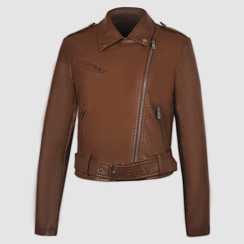 Lapel Short Belt Women's PU Simple Leather Jacket Motorcycle Jacket LadyShow.Store