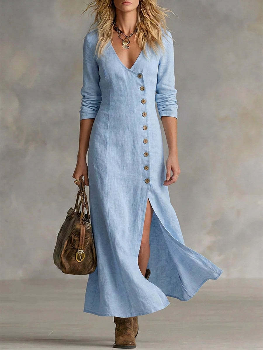 Fashionable Casual Cotton-Linen Long-Sleeve Womens Dress NorixaFashion.com