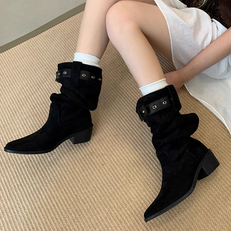 Western Cowboy Mid-calf Thick Heel Pointed Toe High Fold Stack Boots LadyShow.Store