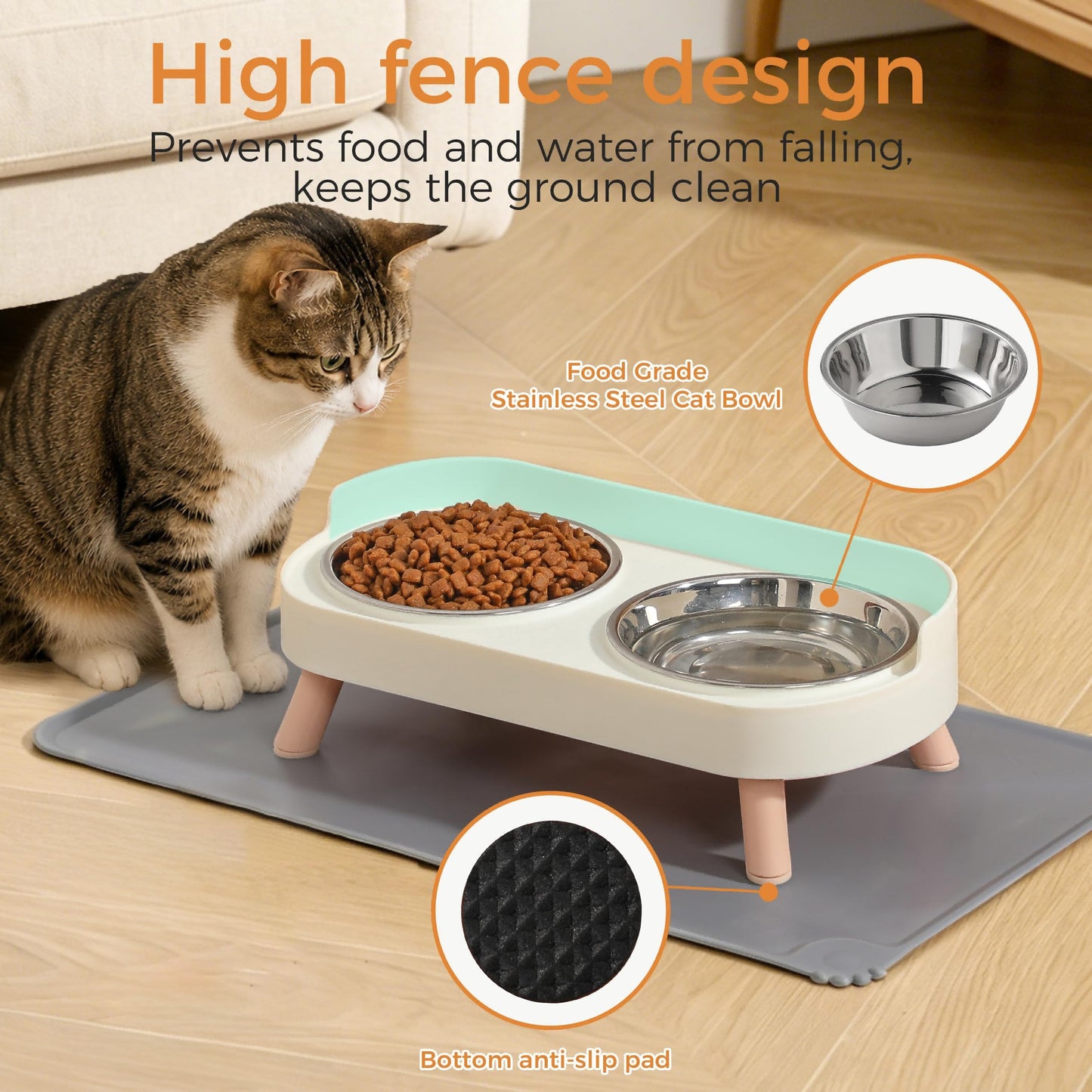 Elevated Cat Bowls Set - Raised Cat Food And Water Bowl Set With Non Slip Stand - Pet Feeding Station With 2 Stainless Steel Bowls Pets Fashion