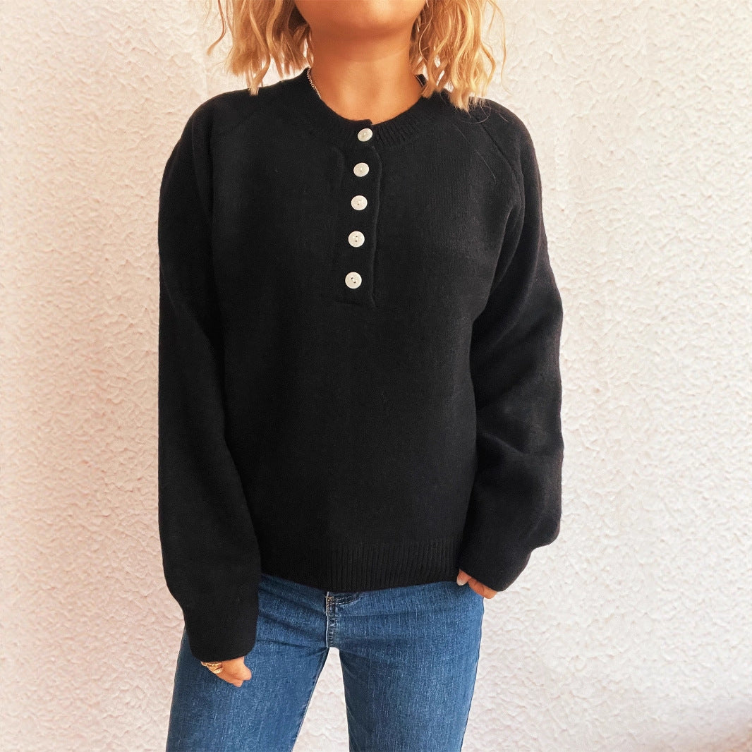 Women's Solid Color Buttons Casual Knitted Round Neck Long Sleeve Warm Sweater