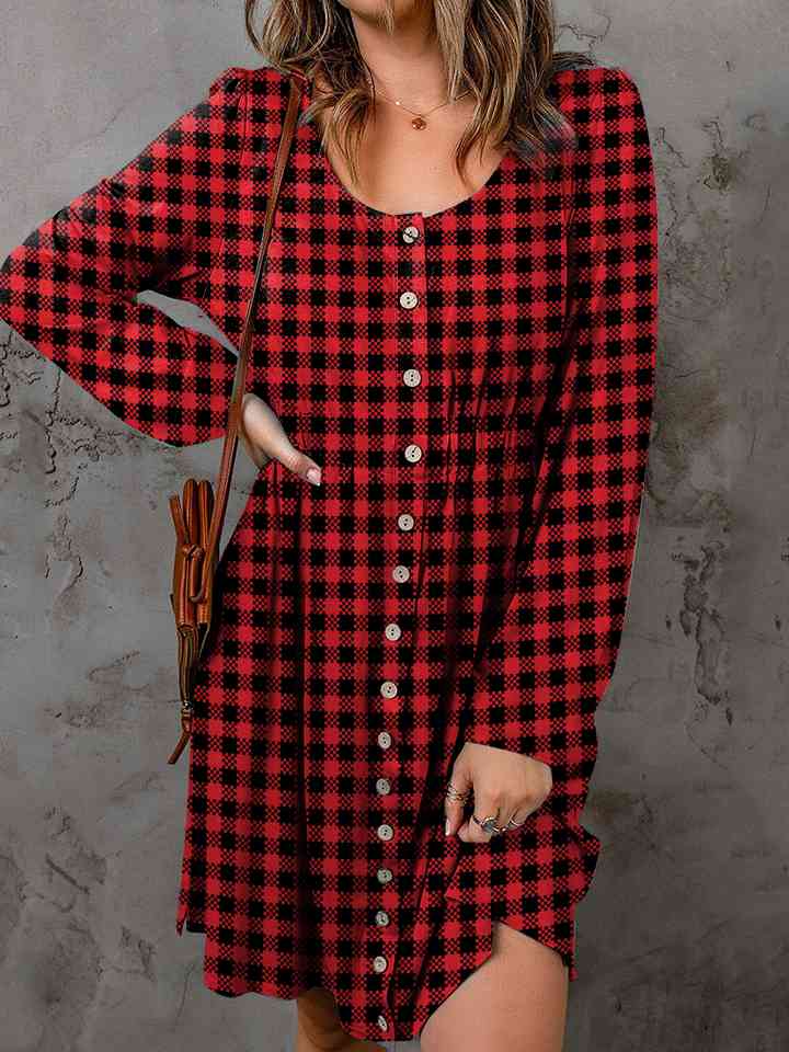 Double Take Full Size Plaid Round Neck Long Sleeve Magic Dress LuxuryLifeWay Online Store