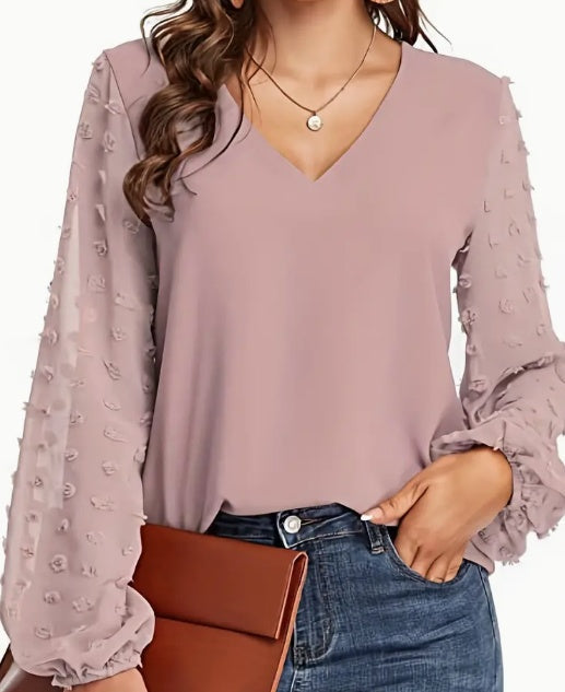 Swiss Dot V Neck Shirt - Soft, Breathable, Casual Solid Shirt For Spring And Fall Season, Women's Clothing With Relaxed Fit And Classic Style NorixaFashion.com