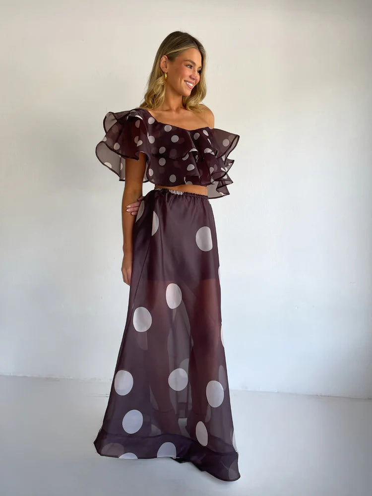 Sexy Strapless Irregular Print Ruffled Fashion Suit Long Dress NorixaFashion.com