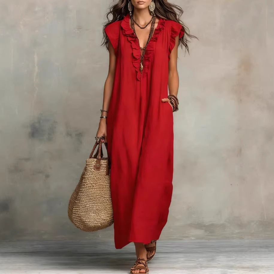 Women's Spring Summer Pocket Ruffle Elegant Dress LadyShow.Store