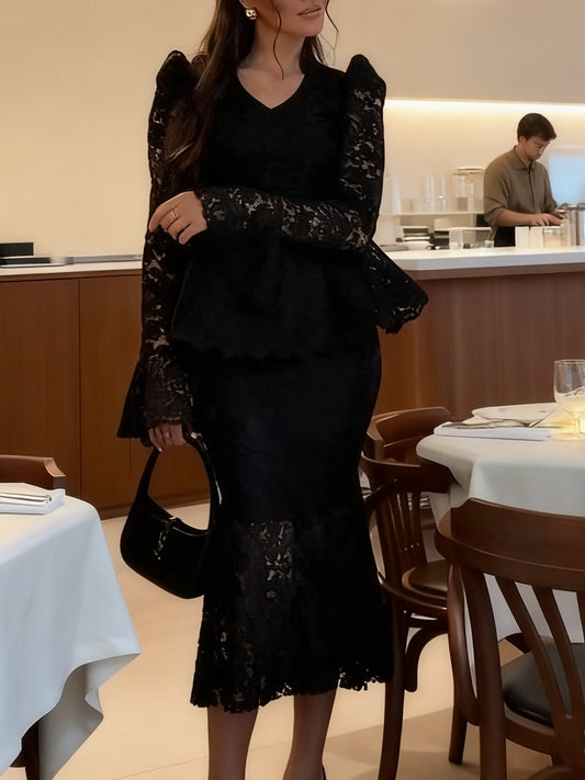 Glamorous Black Lace Peplum Top & Midi Skirt Set NorixaFashion.com