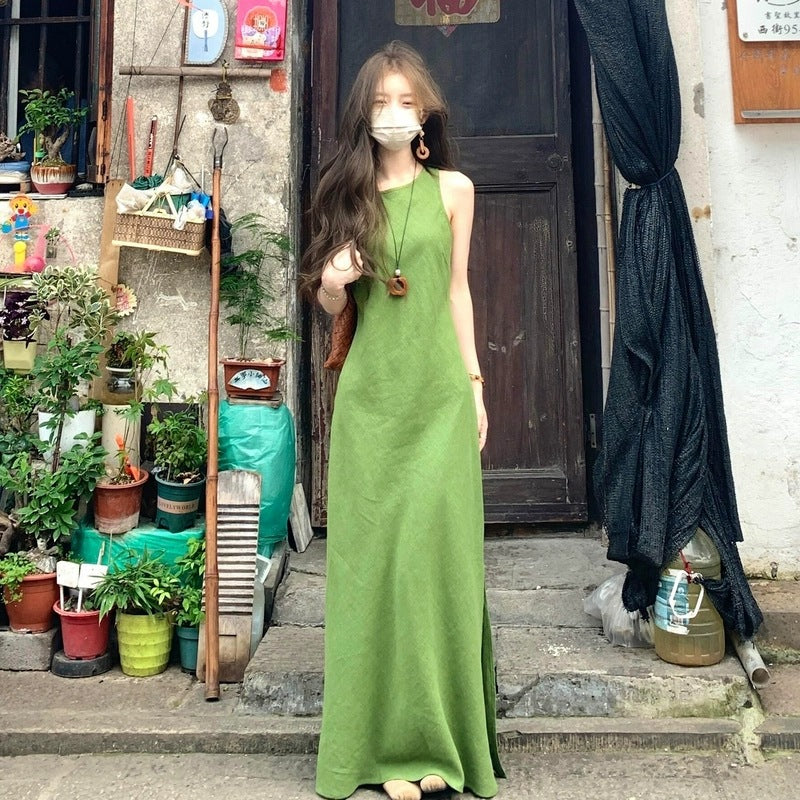 French Green Sleeveless Vest Dress LadyShow.Store