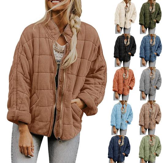 Winter Zip-up Stand Collar Coat With Pockets Fashion Solid Color Plaid Long Sleeved Jacket Women's Clothing LadyShow.Store