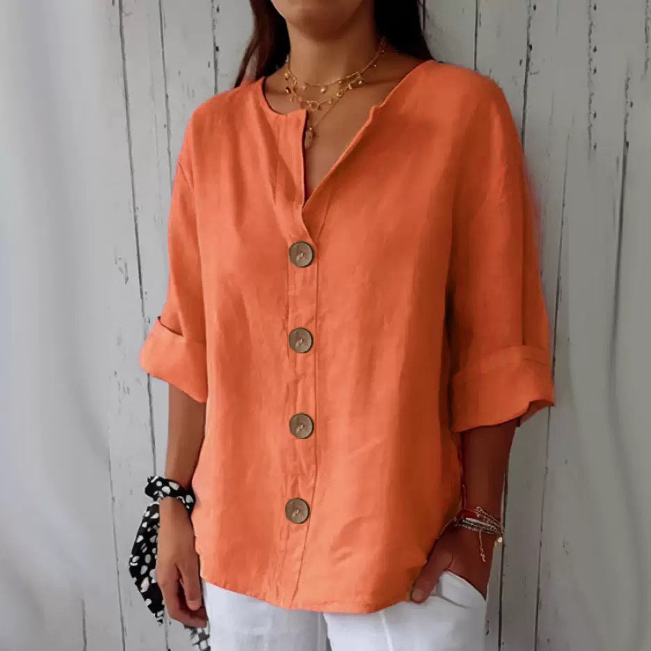 Loose-fit Women's V-neck Cotton-Linen Button T-shirt Top LadyShow.Store