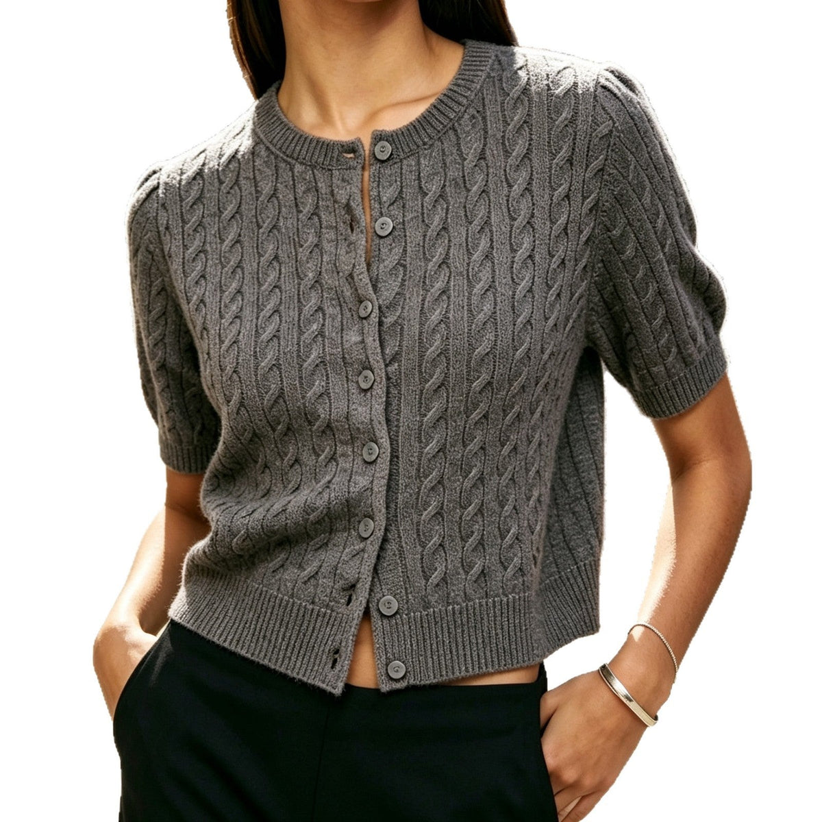2026 Amazon Fall Wool Short Sleeve Knit Cardigan Solid Color Round Neck Medium Sleeve Cable Knit Button-Up Sweater Women's Jacket NorixaFashion.com