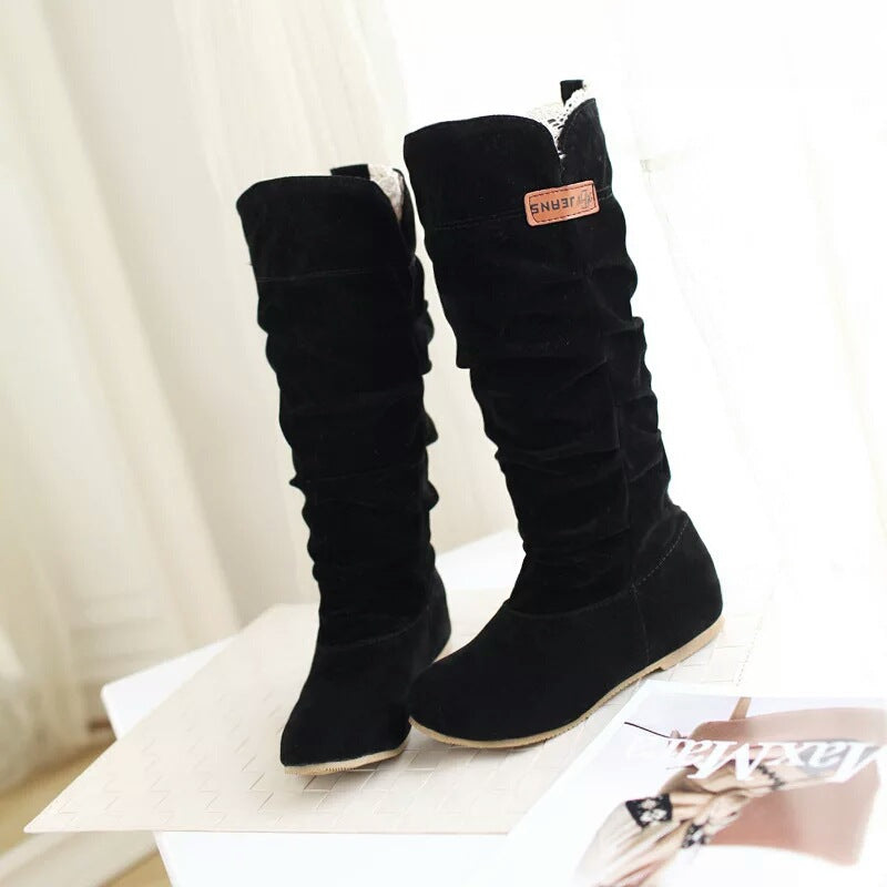 Large Size Flat Bottom Round Toe Mid-calf Lace Suede Pleated Dr Martens Boots LadyShow.Store