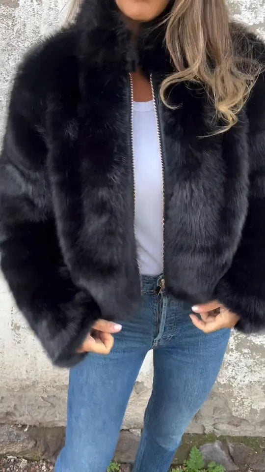 Fashion Stand Collar Plush Jacket Winter Casual Turtleneck Zipper Coat Fleece Tops Women's Clothing LuxuryLifeWay Online Store