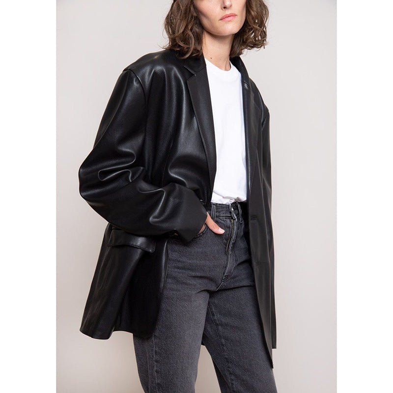 Women's Protein Leather Loose Profile Long-sleeved Cardigan Casual Jacket Best YouTube Store