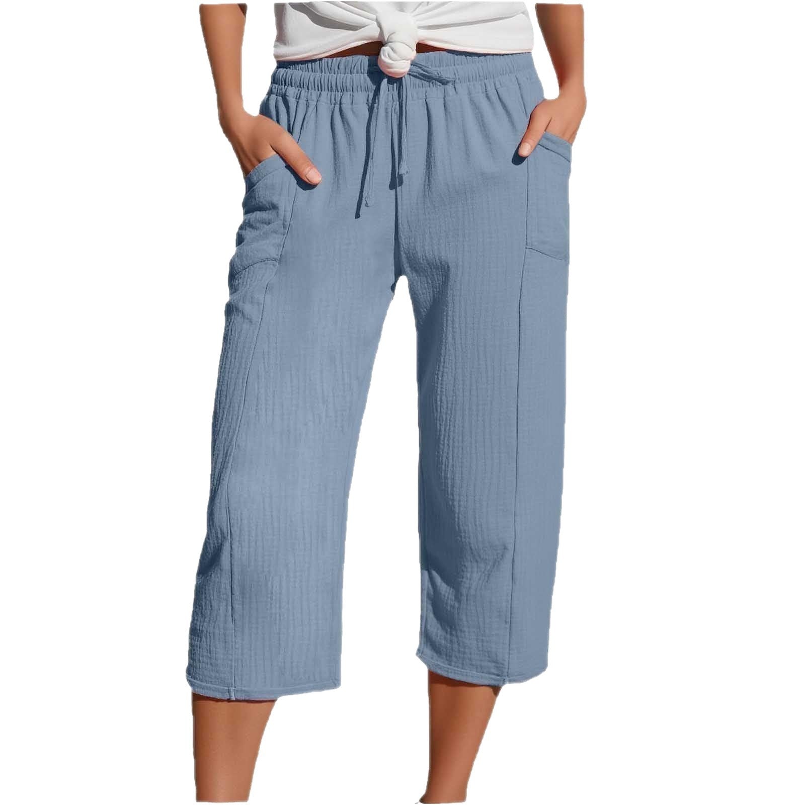 Women's Cotton-Linen Solid-Color Casual Cropped Pants With Elastic Waist NorixaFashion.com