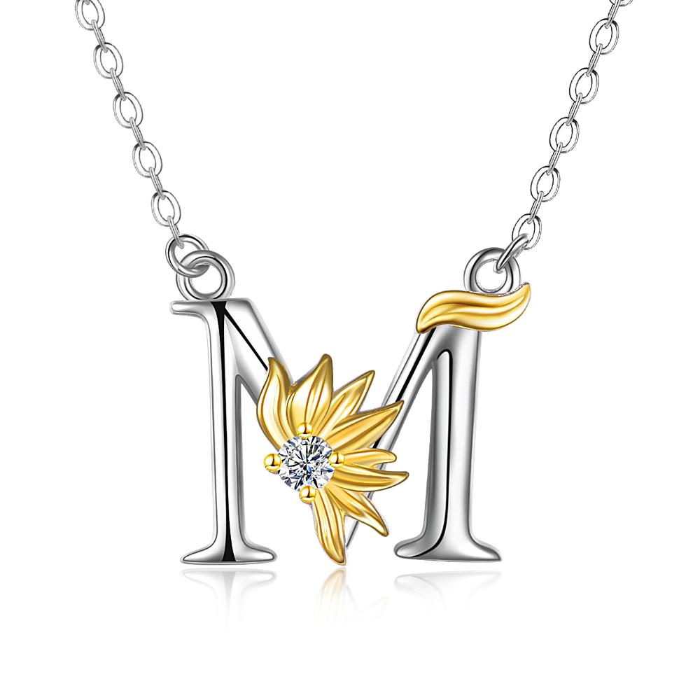 Sterling Silver Initial Alphabet Sunflower A Letter Script Name Pendant Necklace LadyShow.Store