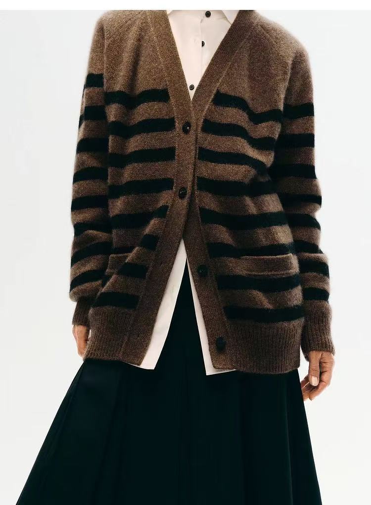 Womens Striped Wool Color-Block Knitted Cardigan Coat Best YouTube Store