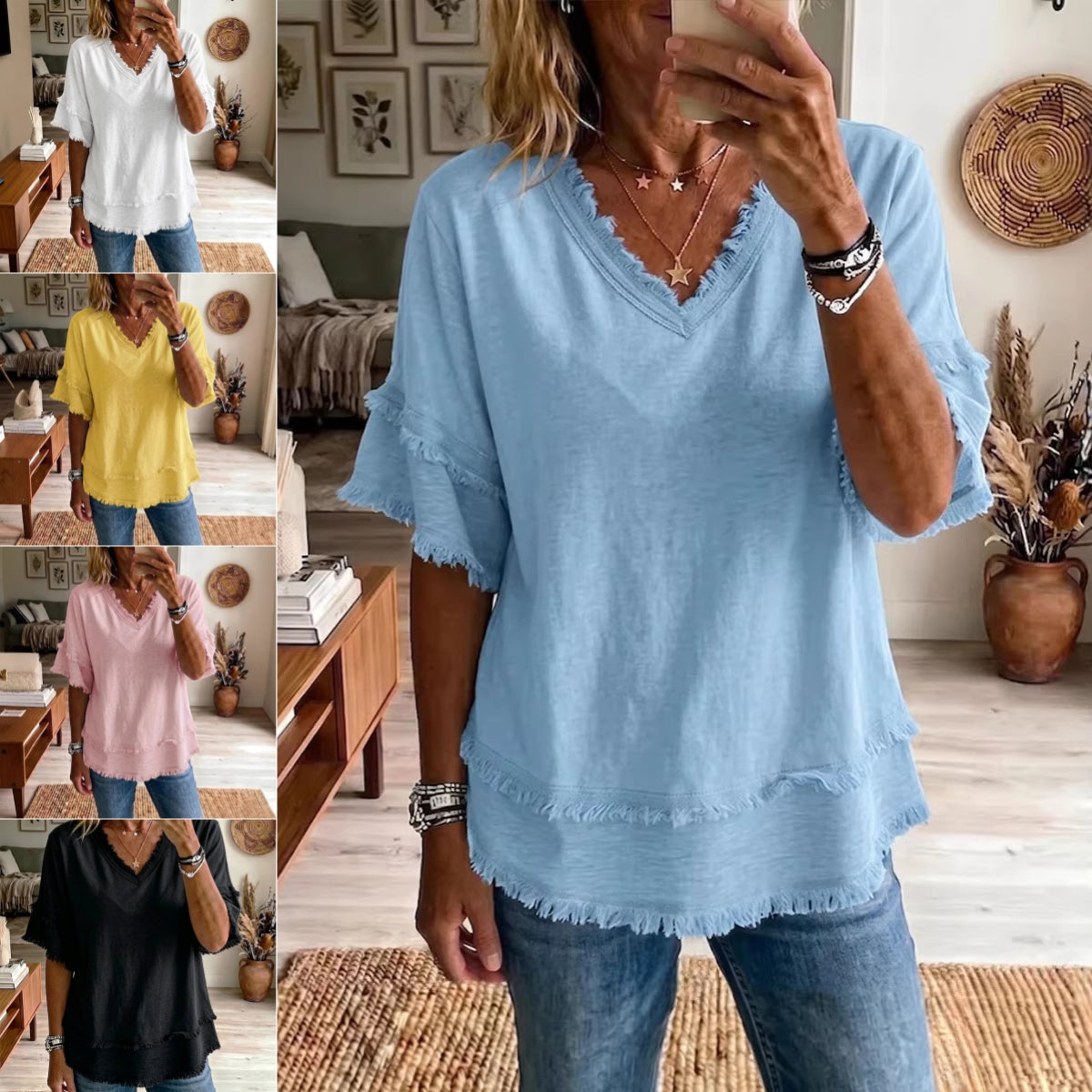 Casual Women's Shirt V-Neck Short Sleeve Loose Fit Pure Color Summer Fashion Trend Pullover Tops For Daily Wear LadyShow.Store