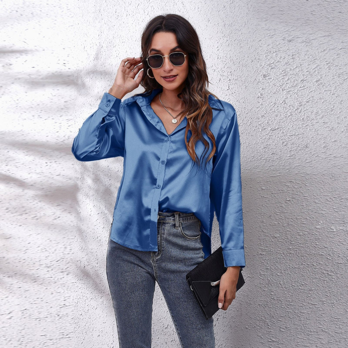 Women's Solid Color Satin Satin Long Sleeve Blouse NorixaFashion.com