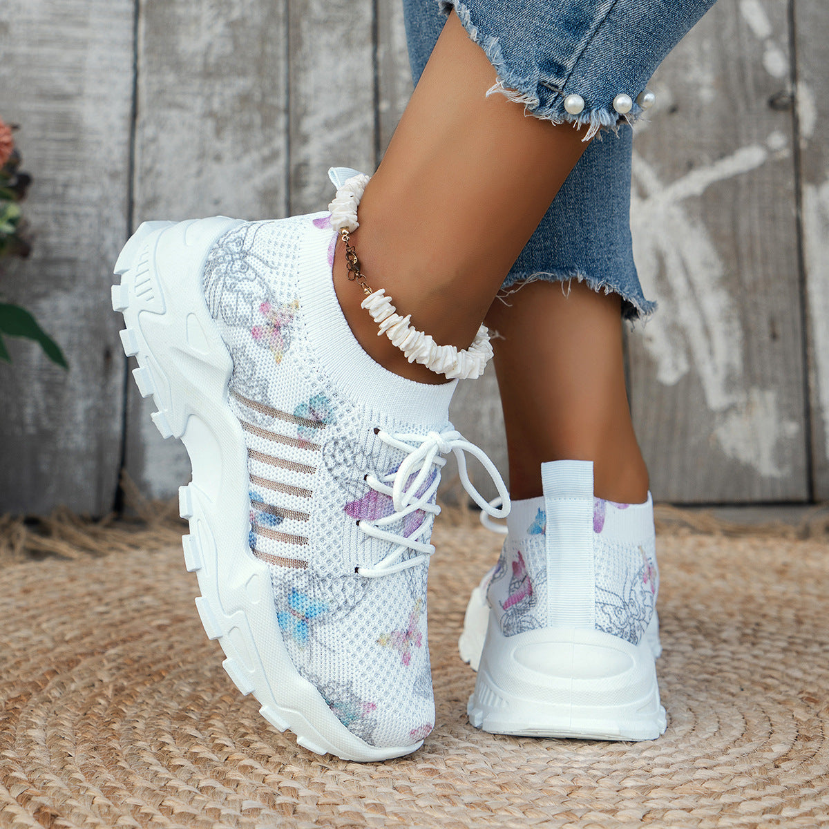 Butterfly Print Mesh Sneakers Women's Flat Heel Casual Shoes Fashion Running Jogging Walking Sports Shoes CJD