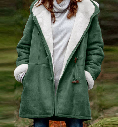 Winter Vintage Button Jackets Women's Warm Fleece Hooded Coat Casual Mid-Length Trench Top Outwear Clothing NorixaFashion.com
