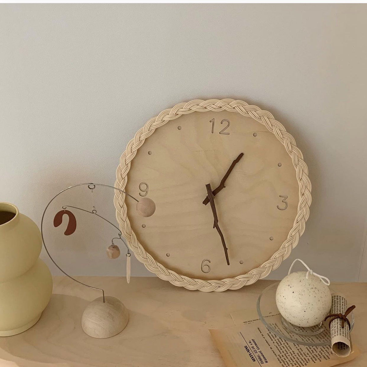 Japanese Fashion Rattan Creative Round Digital Silent Clock Wall Clock PearlNestDecor.com