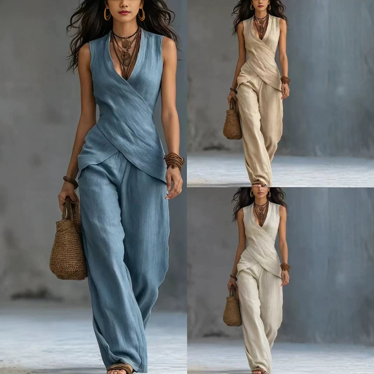 Cross-design Top Casual Shirt Wide-leg Pants Set For Women NorixaFashion.com