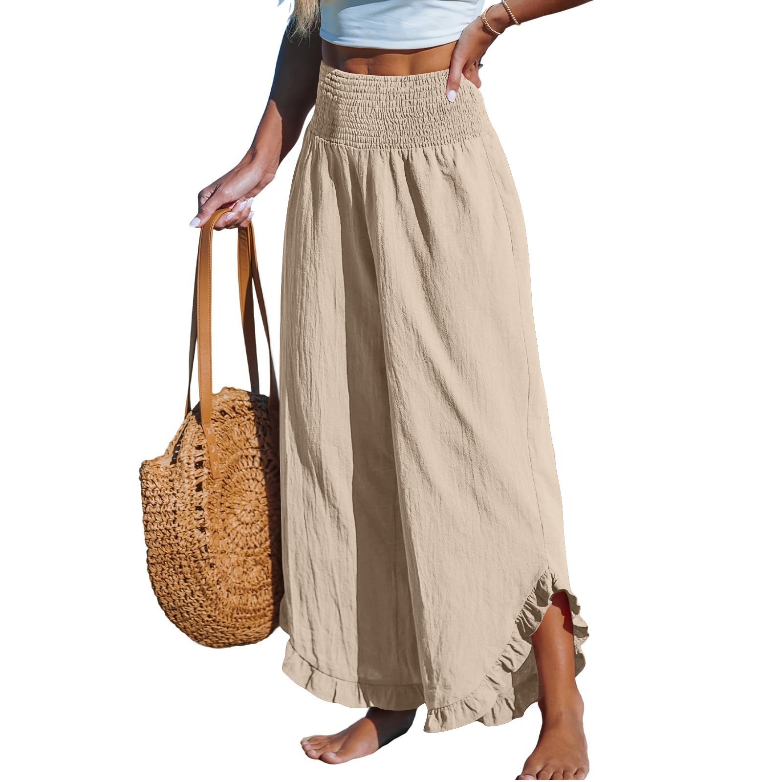 Pleated Asymmetrical Hem Cotton-linen Loose-fit Casual Pants NorixaFashion.com