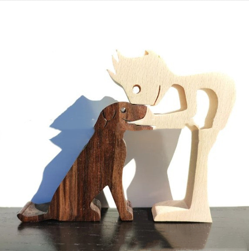 DIY Figurine Wood Dog Ornament Sculpture Home Decoration A Man A Dog Wood Sculpture Christmas Gifts Model Decor PearlNestDecor.com