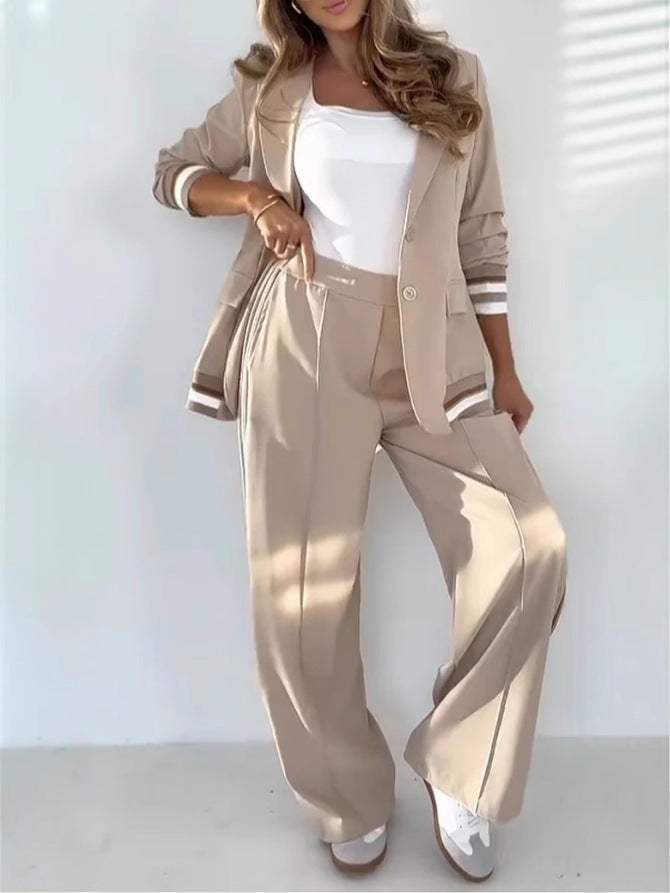 2 Pcs Set Women Suit Coat Pants Suit Lapel Long Sleeves Lady Jacket Wide Leg High Waist Trousers Female Commuting Office Outfit NorixaFashion.com