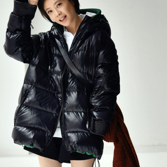 Contrast Stitching Fake Two-piece Loose And Thickened Bright Hooded Down Jacket Best YouTube Store