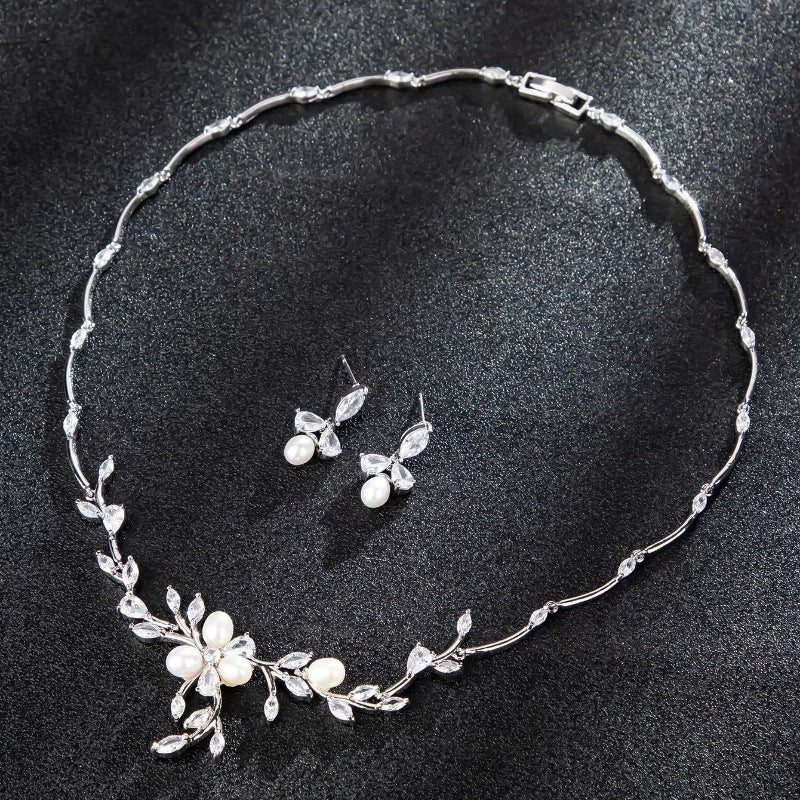 Sweet Pearl Zircon Ear Stud Necklace Jewelry Suit LadyShow.Store