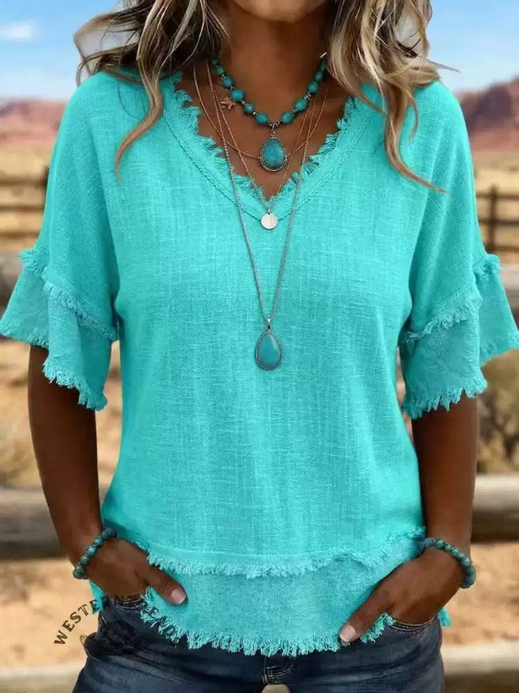 Casual Women's Shirt V-Neck Short Sleeve Loose Fit Pure Color Summer Fashion Trend Pullover Tops For Daily Wear LadyShow.Store