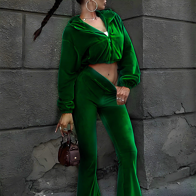 Women's Autumn New Casual Velvet High-Waist Top And Flared Pants Two-Piece Set LadyShow.Store